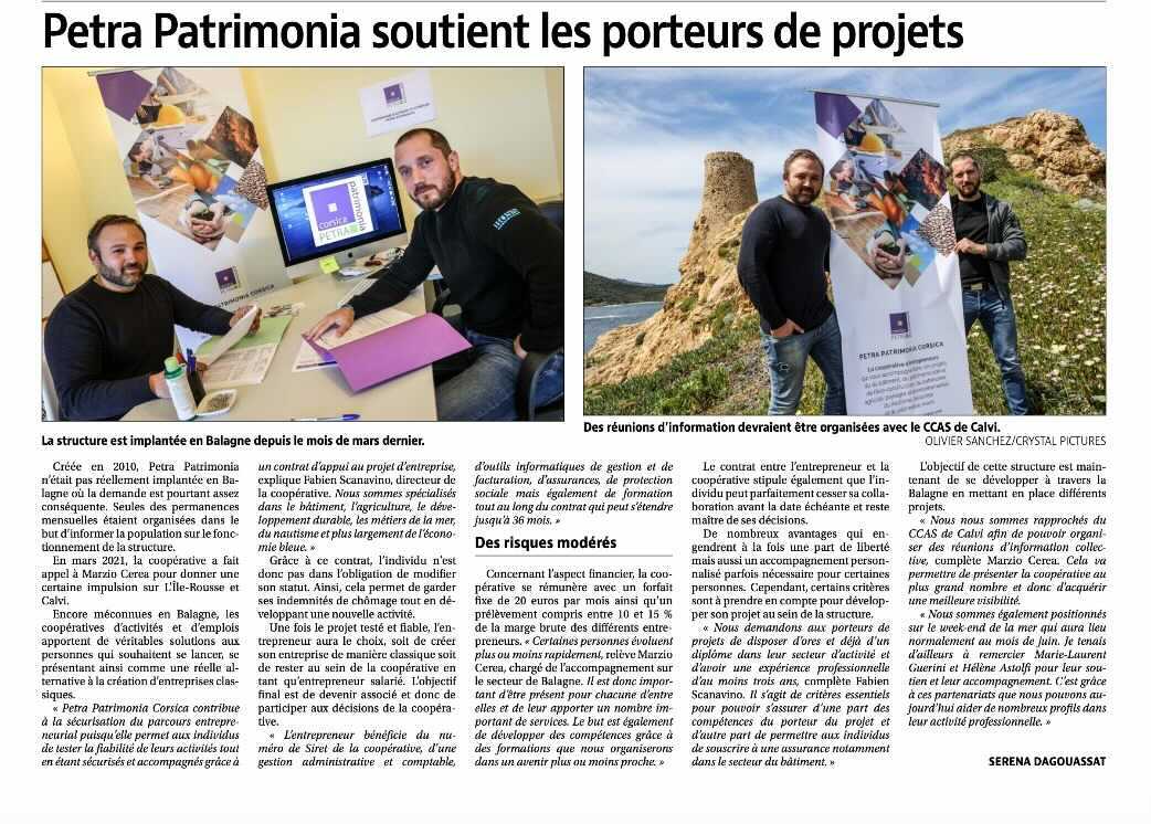 Article Corse Matin pour Petra Patrimonia Corsica en Balagne